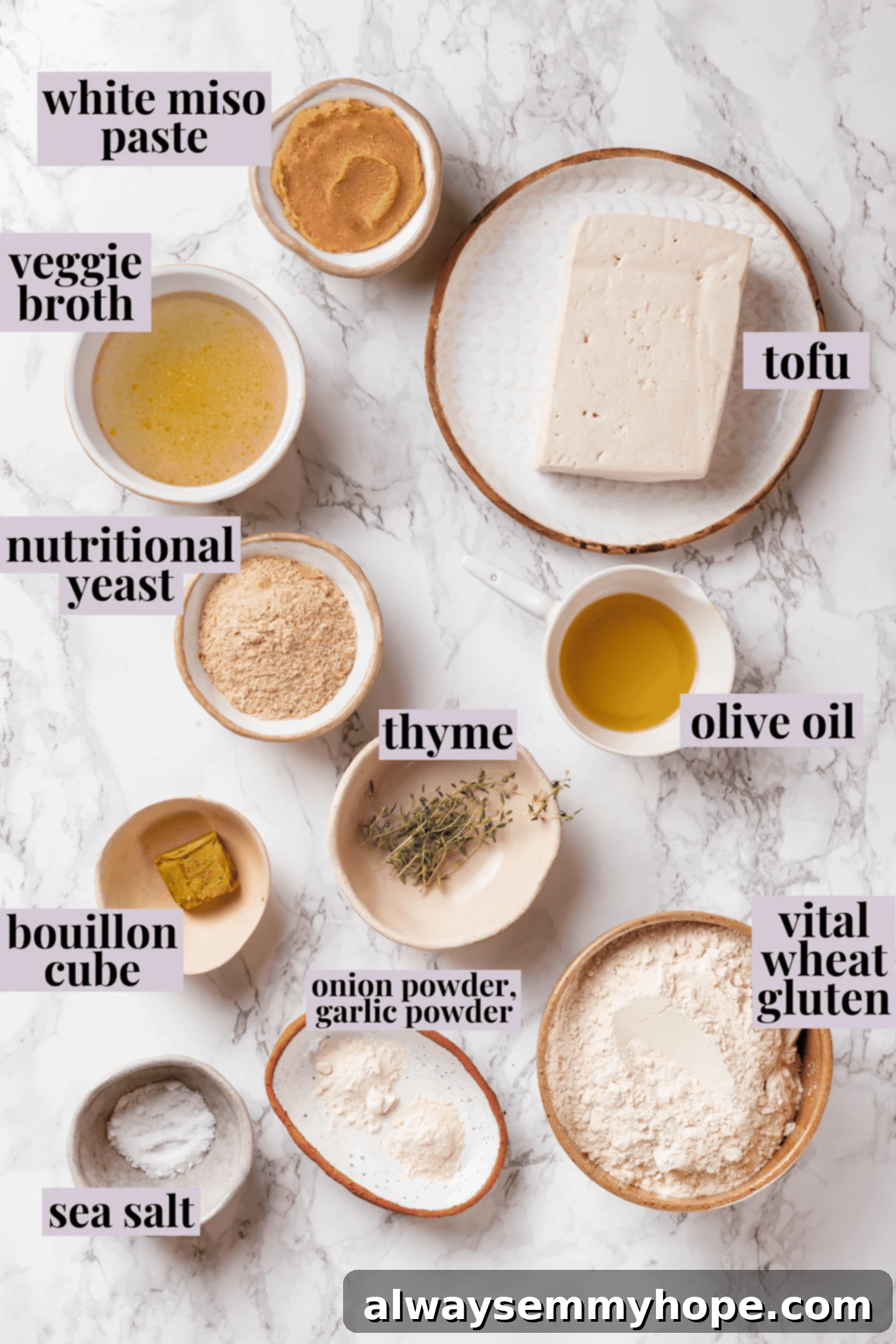 Overhead view of all the fresh and dry ingredients meticulously laid out for making delicious vegan chicken.
