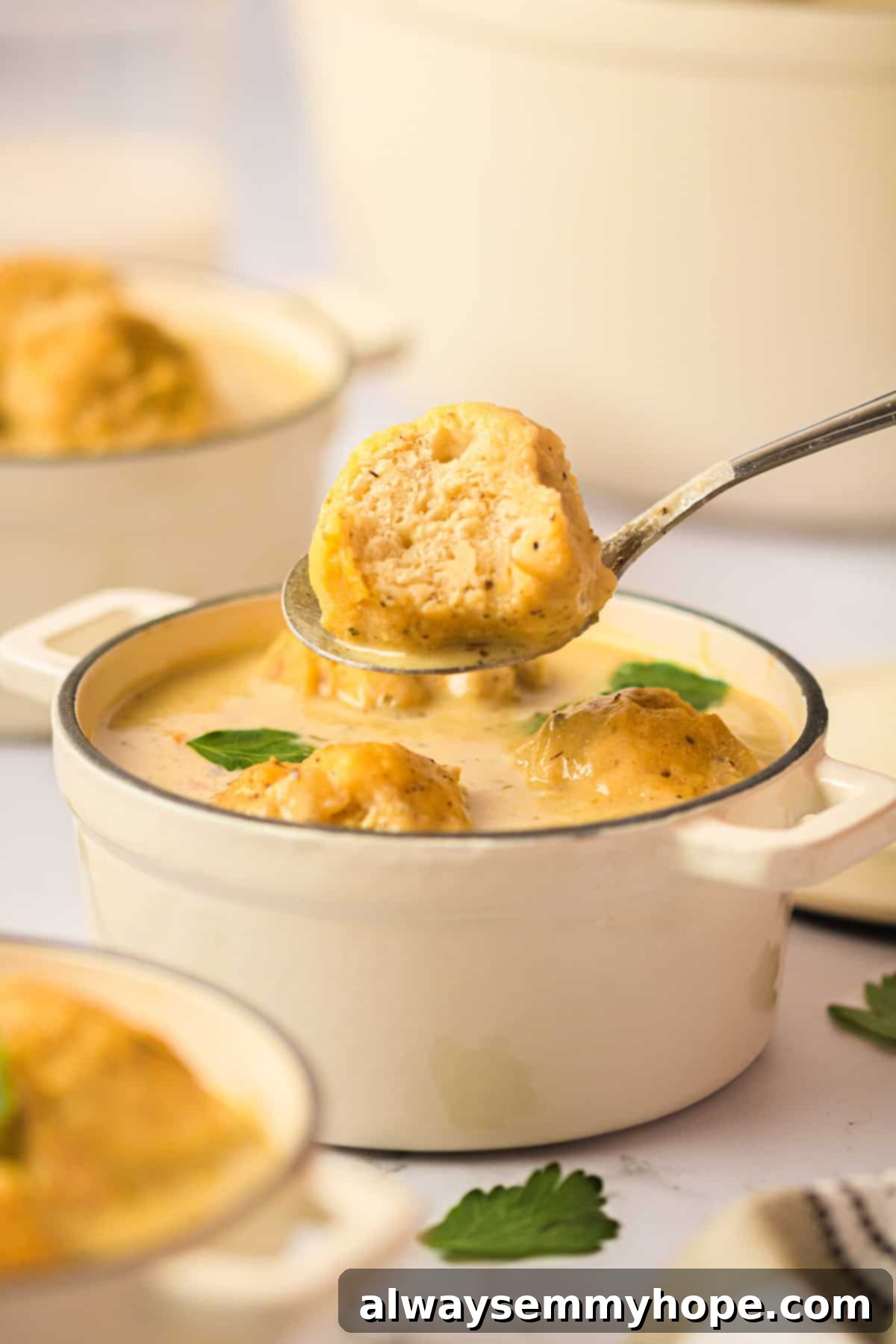A comforting bowl of vegan chicken and dumplings with a fluffy biscuit on a spoon, ready to be enjoyed. Spoon holding a fluffy dumpling over a bowl of creamy vegan chicken and dumplings stew