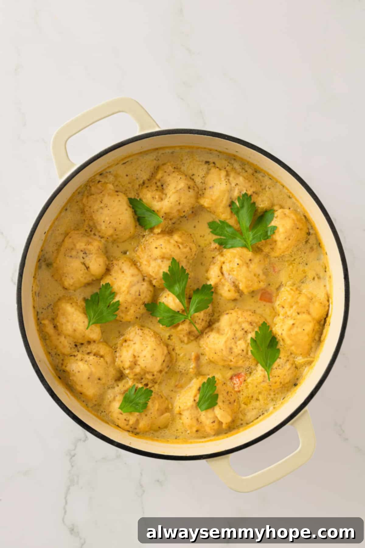 A top-down view of the vegan chicken and dumplings, showcasing the creamy texture and inviting presentation. Overhead view of the hearty vegan chicken and dumplings stew in a Dutch oven, garnished with fresh herbs.