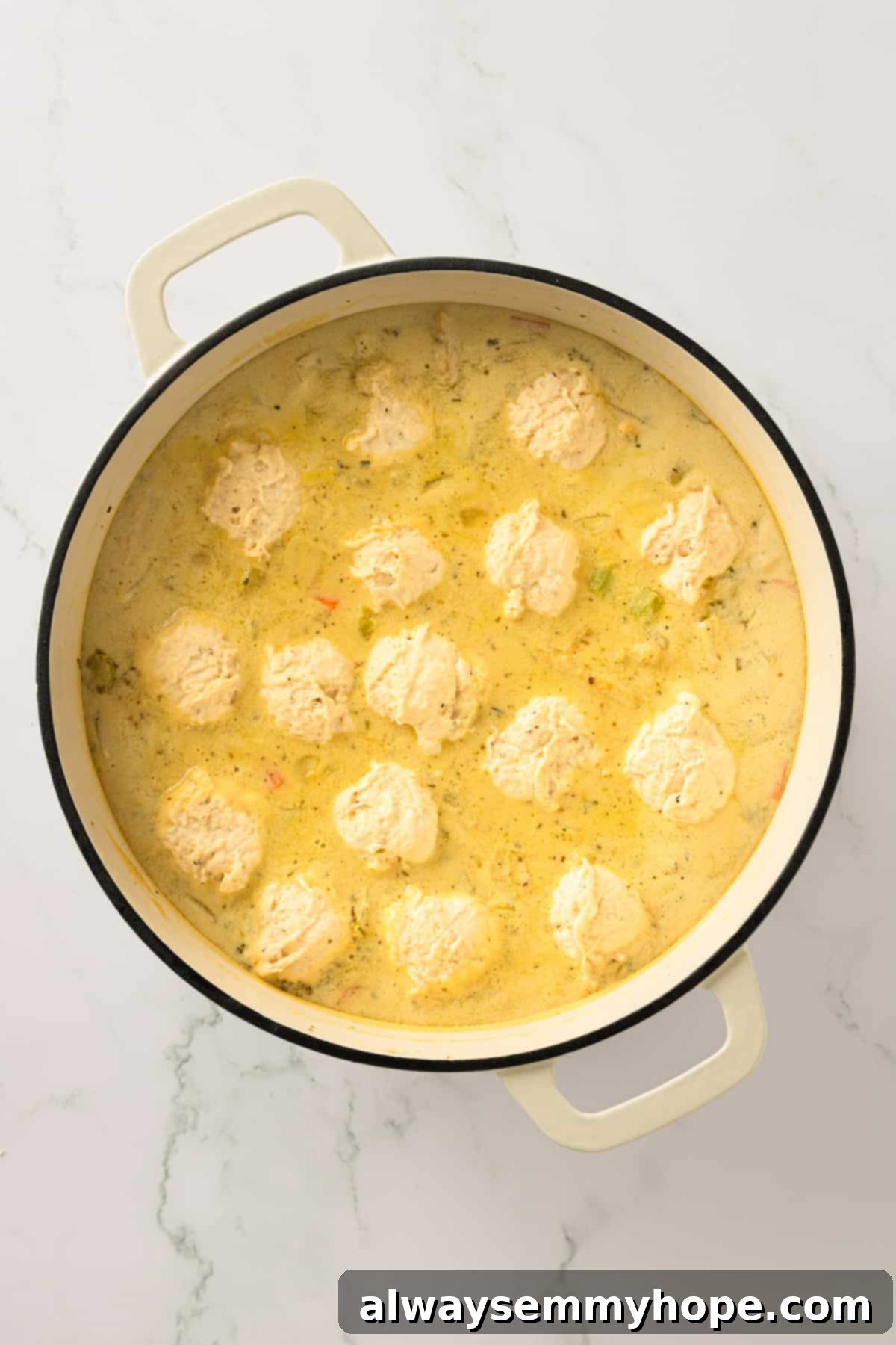 Raw dumpling dough dropped onto the simmering stew, ready to cook. Uncooked dumpling dough balls carefully placed on the surface of the simmering vegan stew in a Dutch oven.