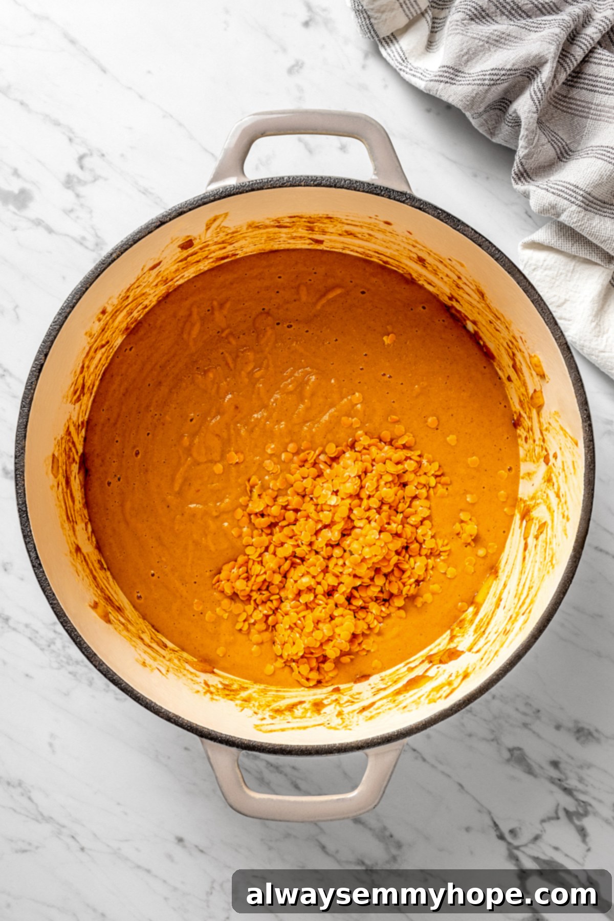 Adding dried red lentils to the pureed vegetable mixture in the pot.