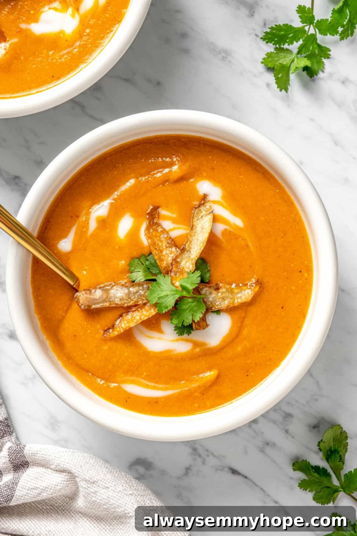 Overhead view of vegan mulligatawny soup in a bowl, garnished with crispy potato crisps and fresh cilantro.