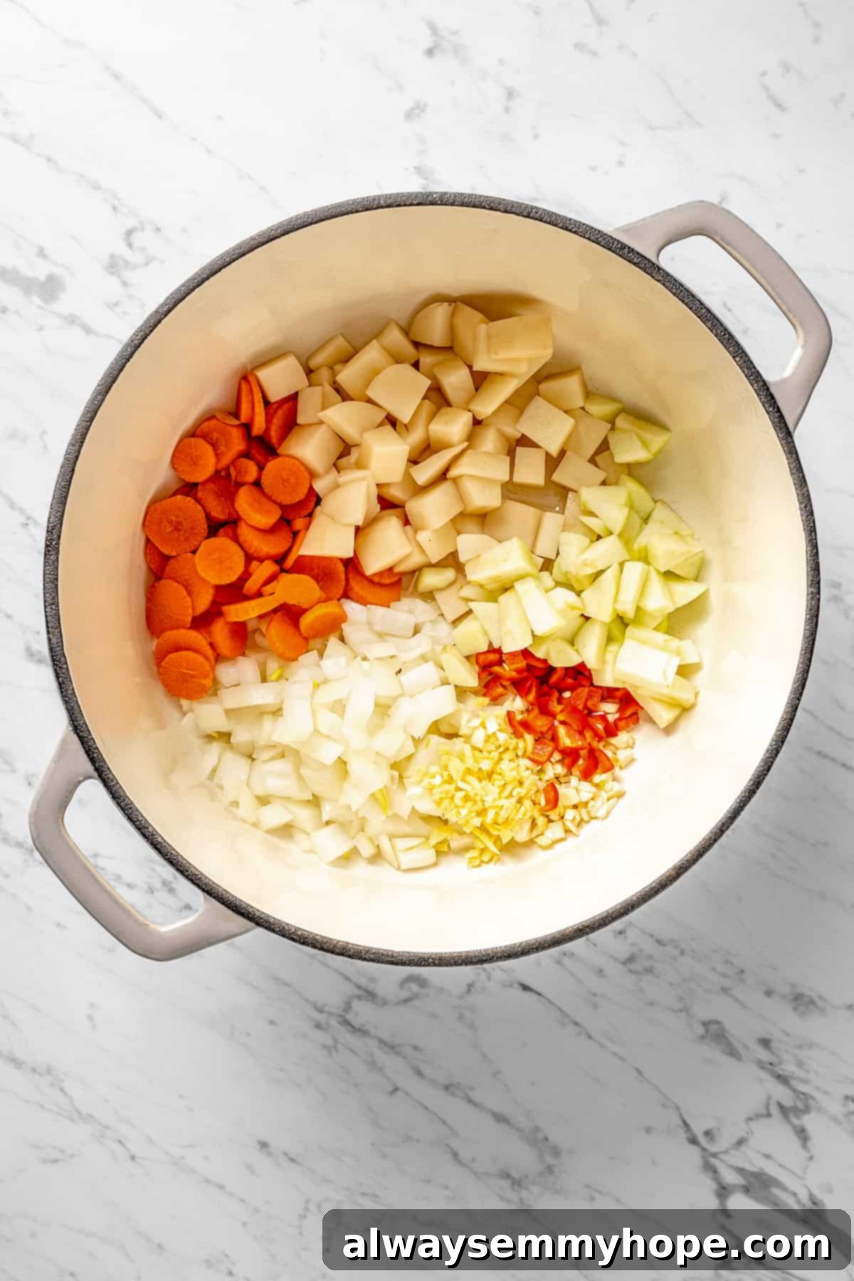 Overhead view of diced vegetables (onion, carrots, potatoes, jalapeño) in a large pot, ready for cooking.