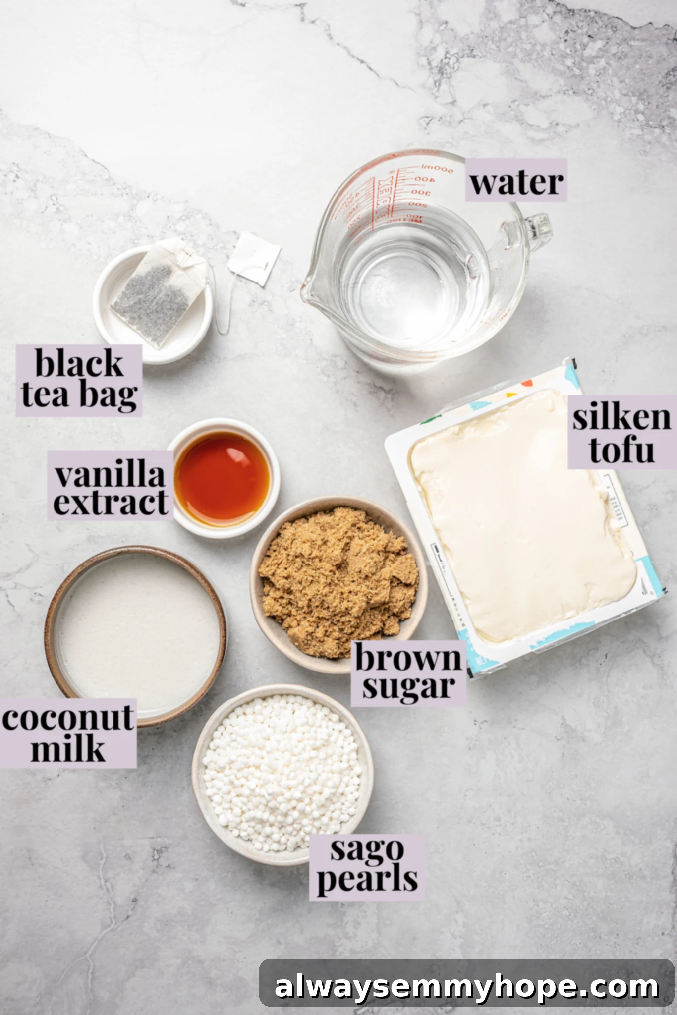 Overhead view of ingredients for taho
