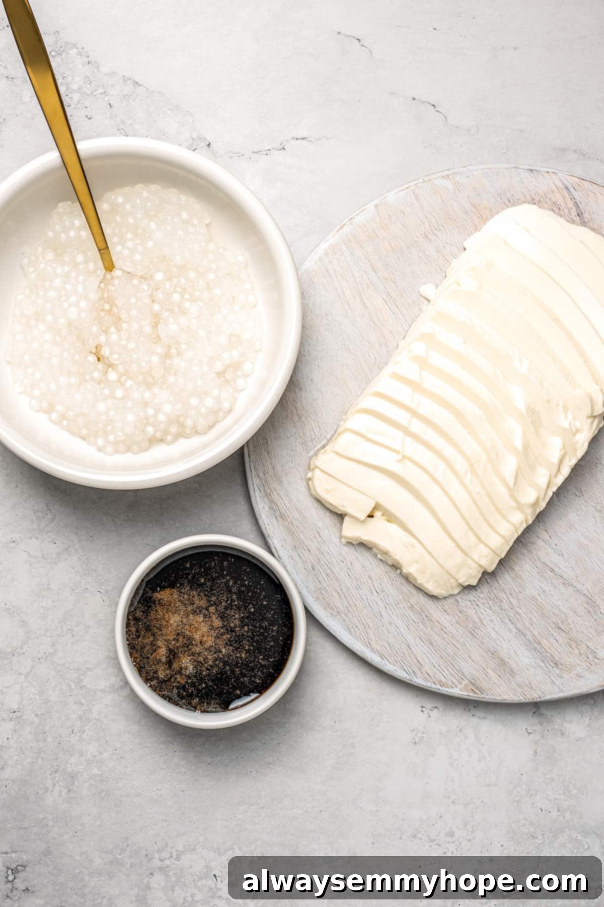 Overhead view of ingredients for taho