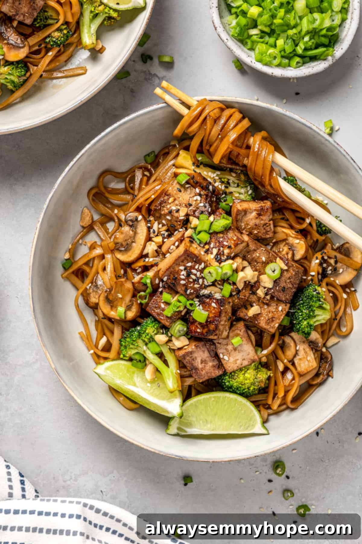This vegan pad see ew pairs rice noodles, vegetables, and tofu with a sweet, savoury, and slightly tangy sauce for a restaurant-style meal! Overhead view of a single serving of vegan pad see ew in a bowl, with chopsticks, ready to be enjoyed.