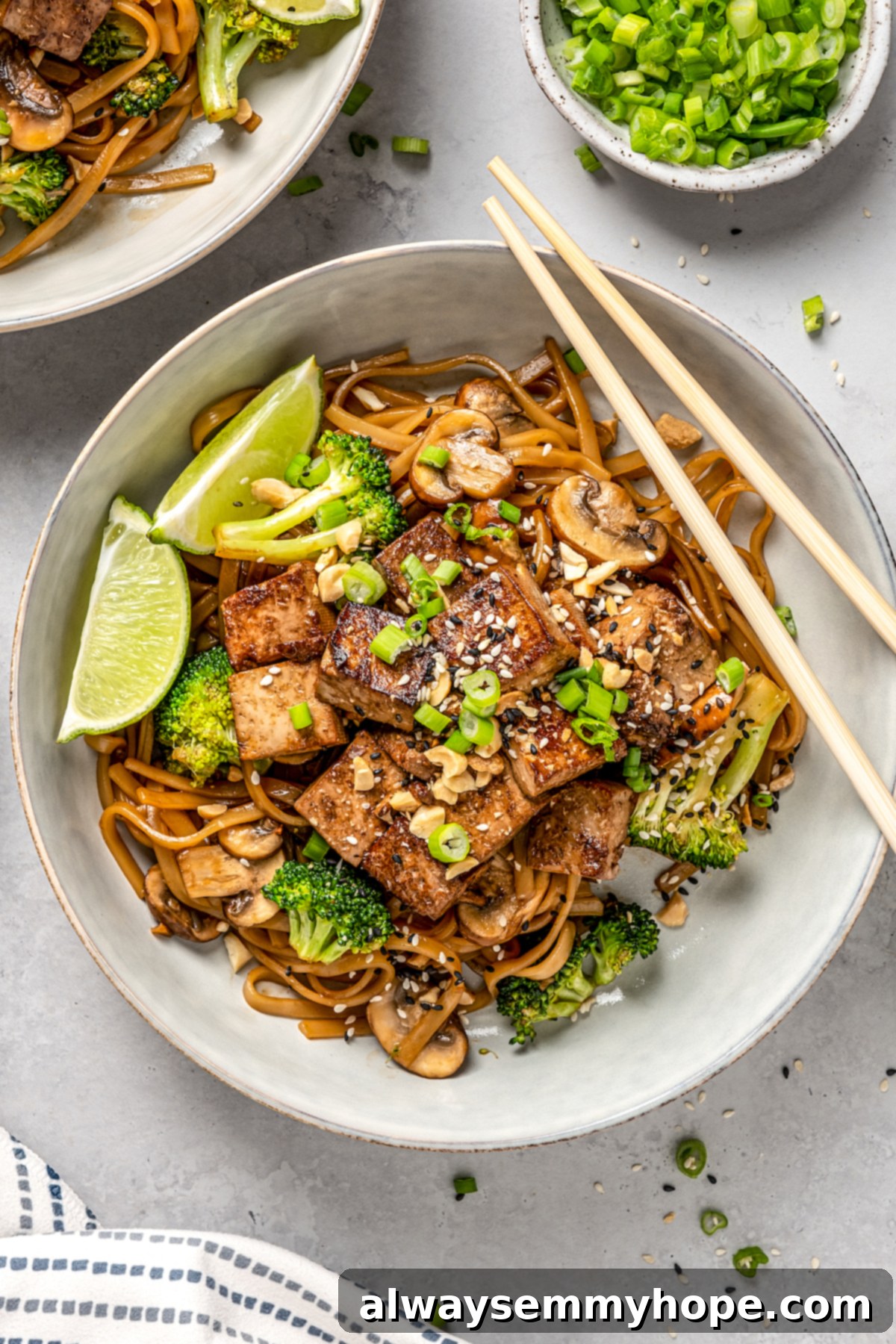 This vegan pad see ew pairs rice noodles, vegetables, and tofu with a sweet, savoury, and slightly tangy sauce for a restaurant-style meal! A bowl of vegan pad see ew with chopsticks, showcasing the variety of textures and fresh garnishes like peanuts and green onions.