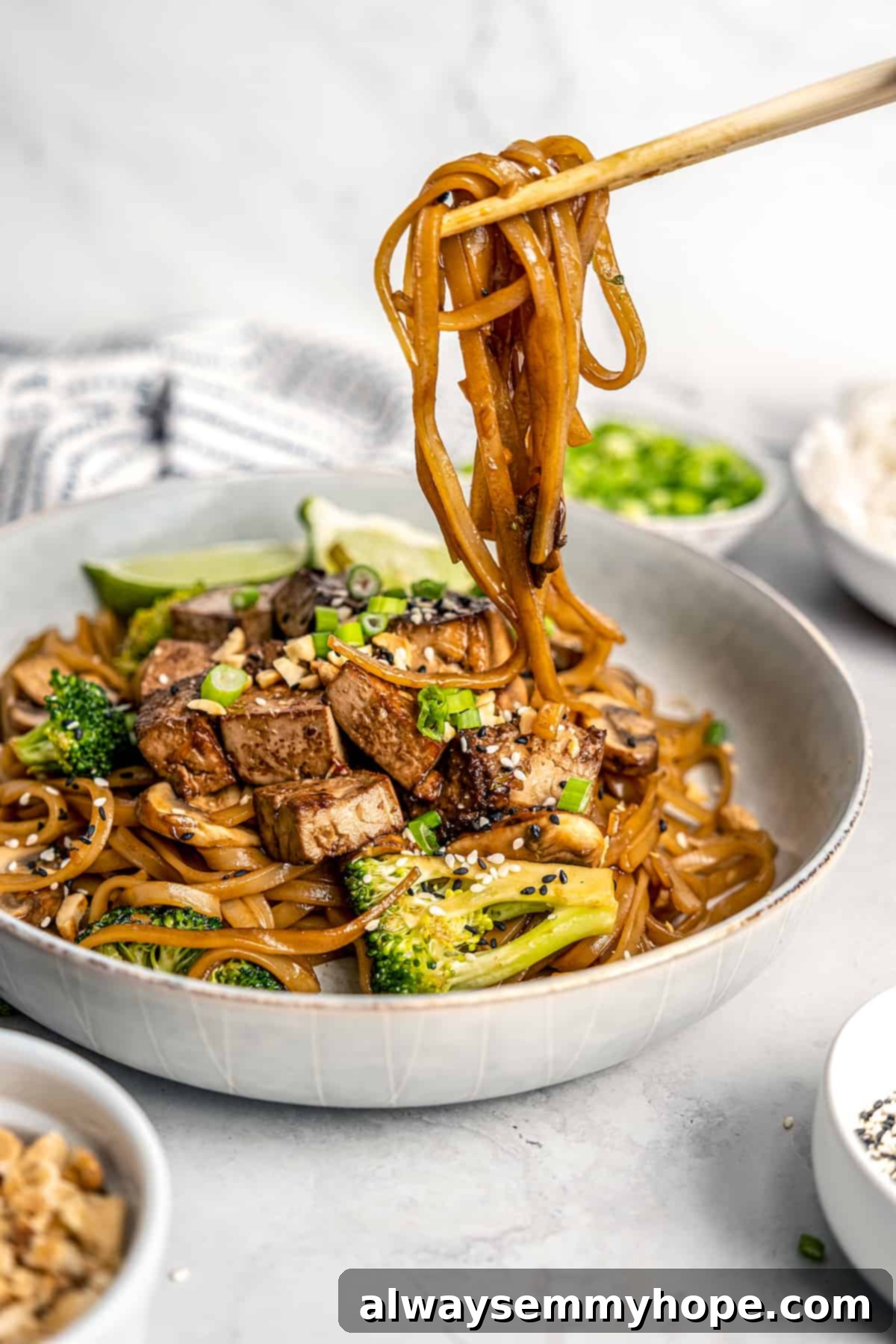 This vegan pad see ew pairs rice noodles, vegetables, and tofu with a sweet, savoury, and slightly tangy sauce for a restaurant-style meal! Close-up shot of chopsticks lifting a generous portion of vegan pad see ew, rich with noodles, vegetables, and tofu, from a bowl.