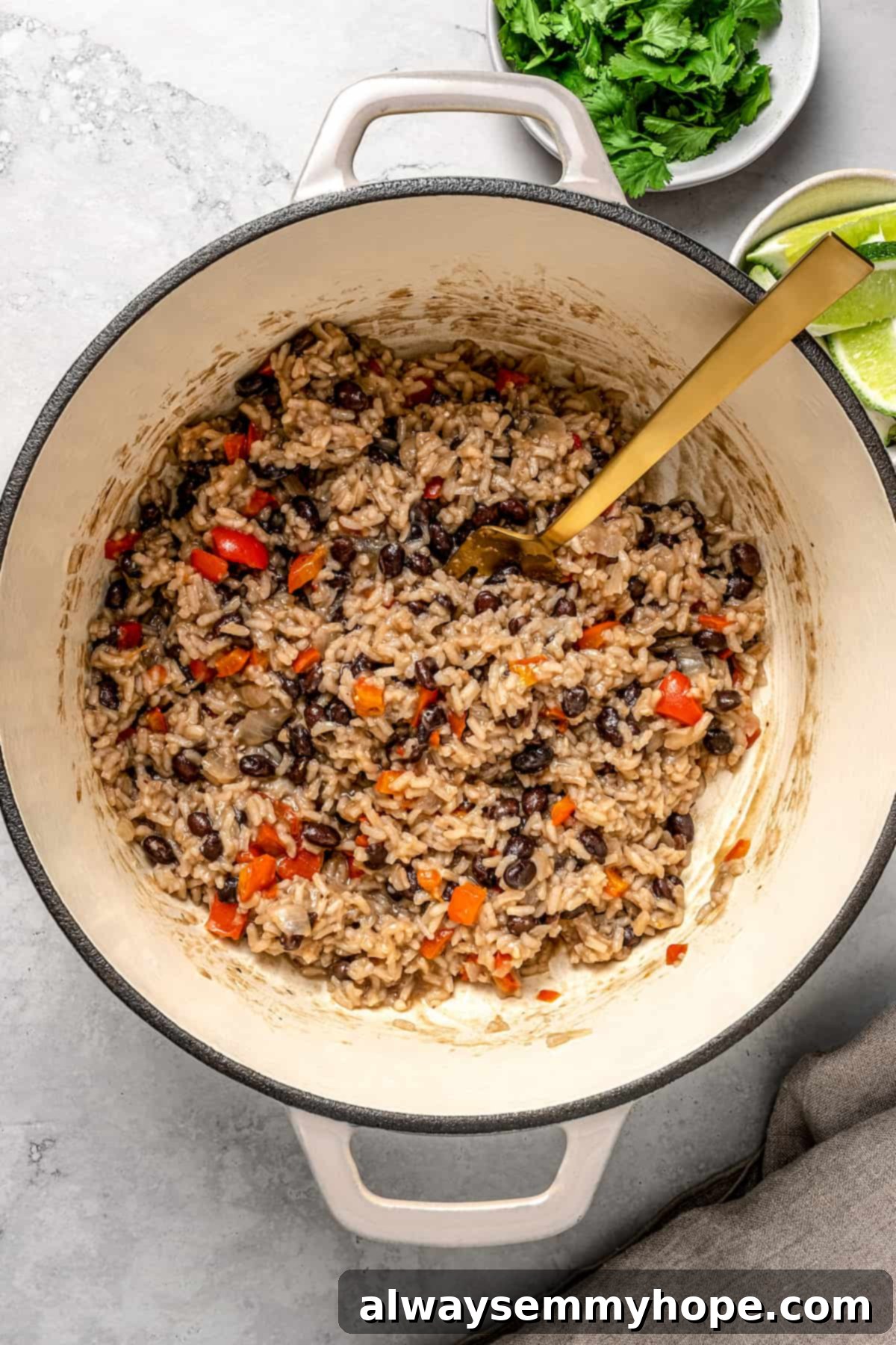 Cuban rice and beans in pot with spoon