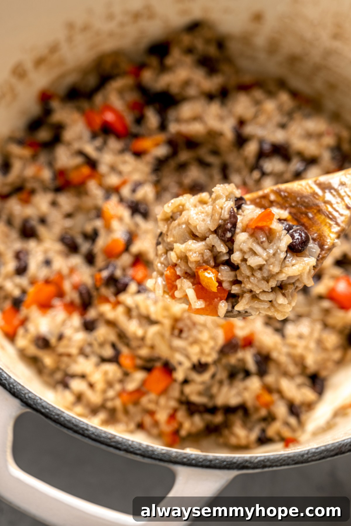 Wooden spoon with congri held over pot