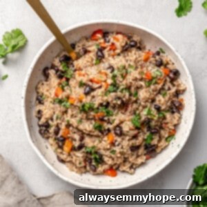 Overhead view of congri Cuban rice and beans with gold spoon