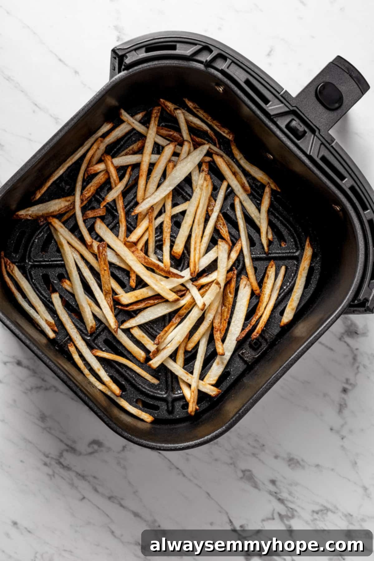 The air fryer makes these shoestring fries perfectly crispy without all the oil, and my blend of savoury seasonings makes them irresistible! Overhead view of fries in air fryer basket