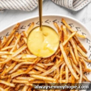 Crispy Air Fryer Shoestring Fries 2 Overhead view of shoestring fries on plate with dipping sauce