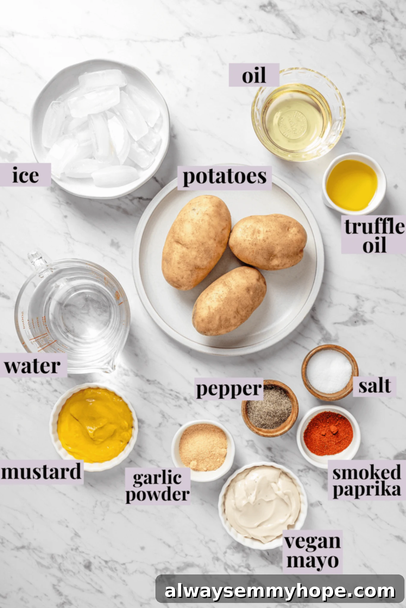The air fryer makes these shoestring fries perfectly crispy without all the oil, and my blend of savoury seasonings makes them irresistible! Overhead view of ingredients for shoestring fries with labels
