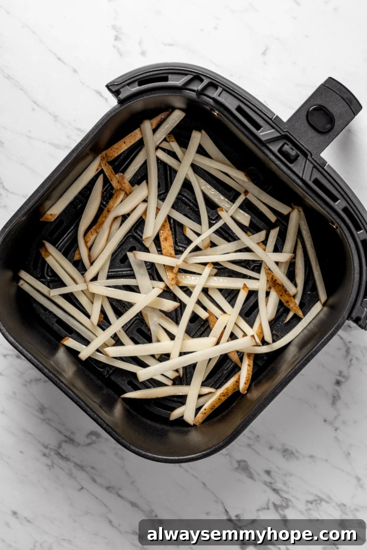 The air fryer makes these shoestring fries perfectly crispy without all the oil, and my blend of savoury seasonings makes them irresistible! Overhead view of uncooked shoestring fries in air fryer