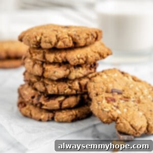 Plant-Powered Milk Boosting Cookies 2 A close-up of a stack of four vegan lactation cookies, showing their texture with oats, chocolate chips, and nuts.
