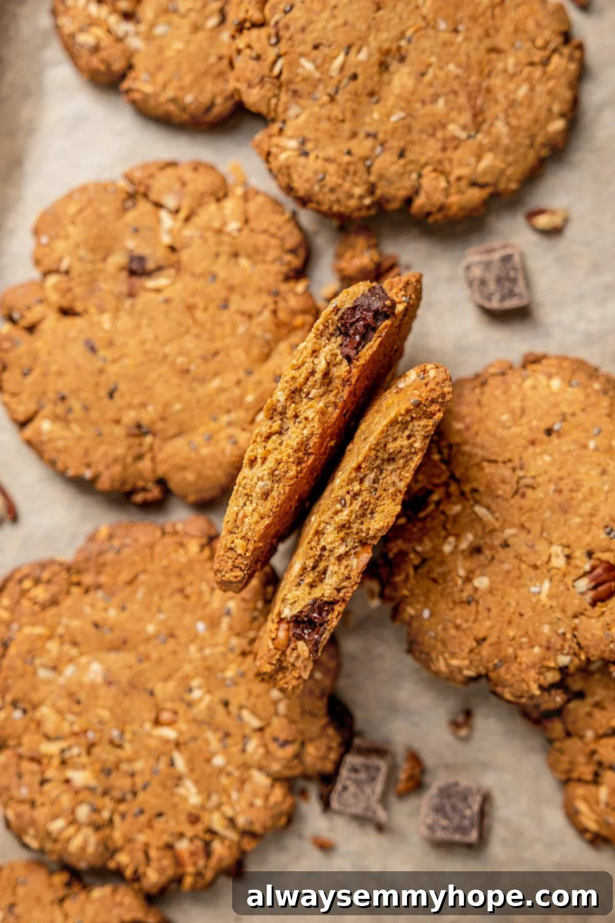 Perfectly Baked Vegan Lactation Cookies for Optimal Milk Production Two warm vegan lactation cookies on parchment paper, one whole and one broken in half to showcase the chewy interior with melted chocolate chips, oats, and nuts.