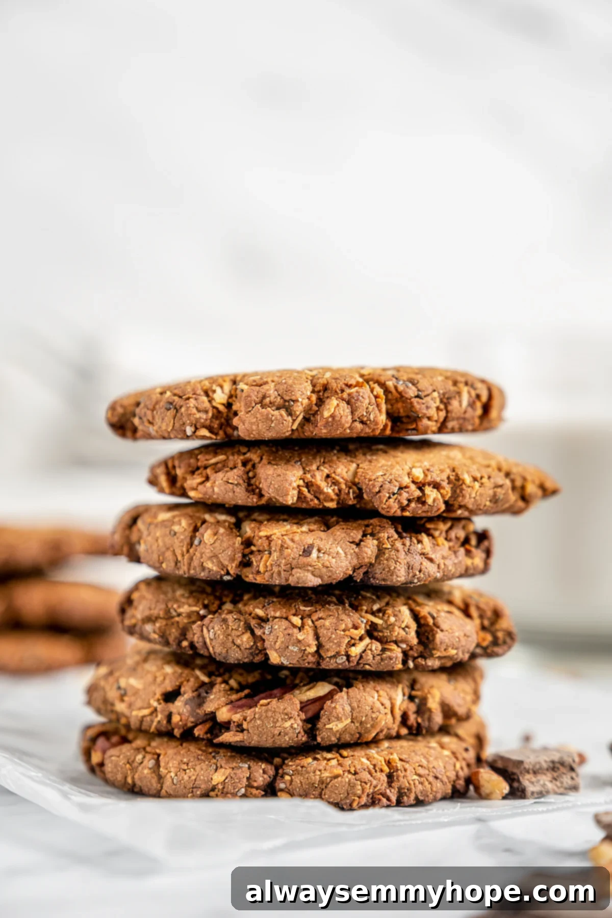 Delicious & Nutritious Vegan Lactation Cookies for Breastfeeding Support A stack of six perfectly baked vegan lactation cookies, showcasing a variety of textures and toppings, on a rustic wooden surface.