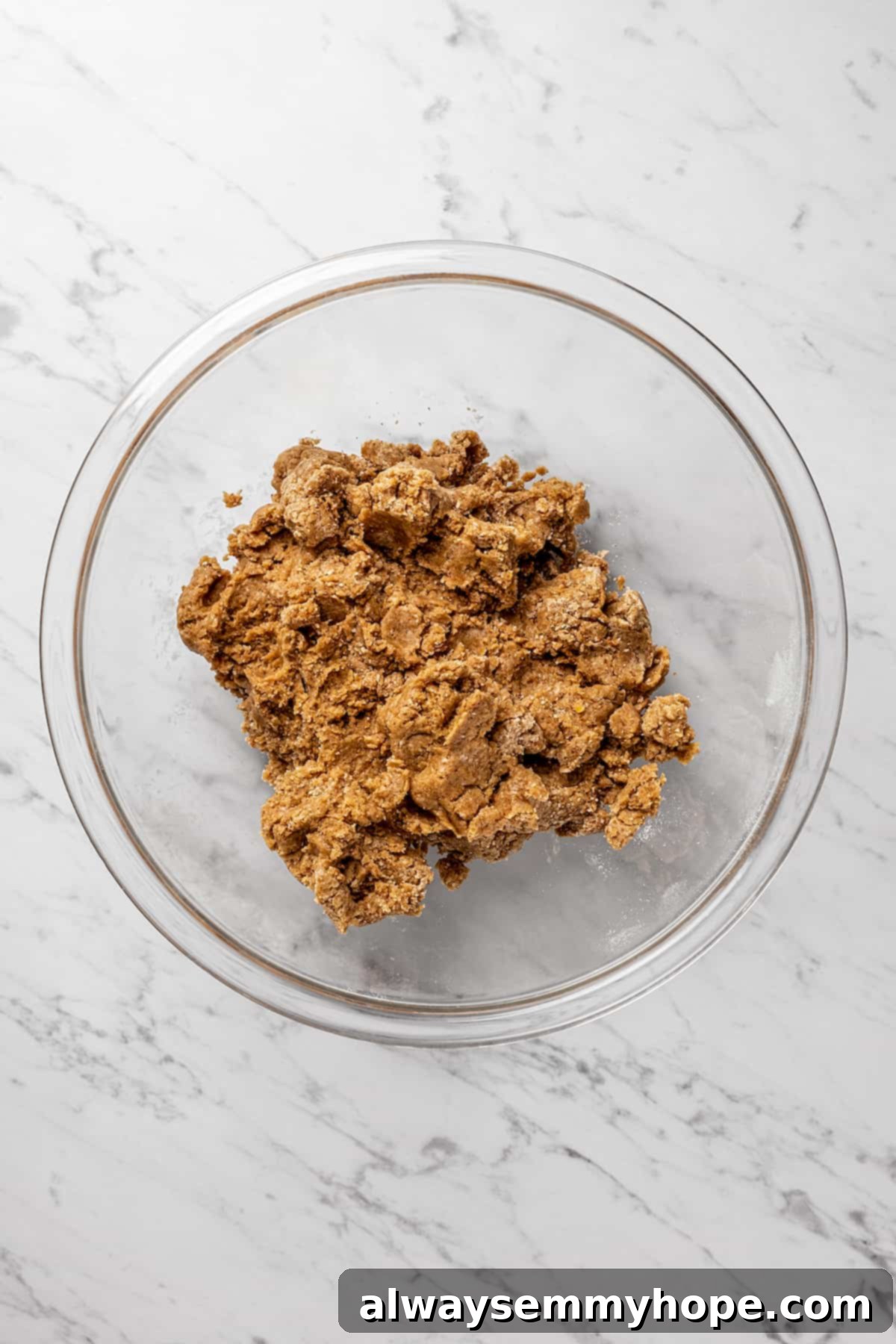 Vegan Lactation Cookie Dough Ready for Mix-Ins Overhead view of the thick, blended cookie dough in a mixing bowl, before any chunky mix-ins like chocolate or nuts are added.