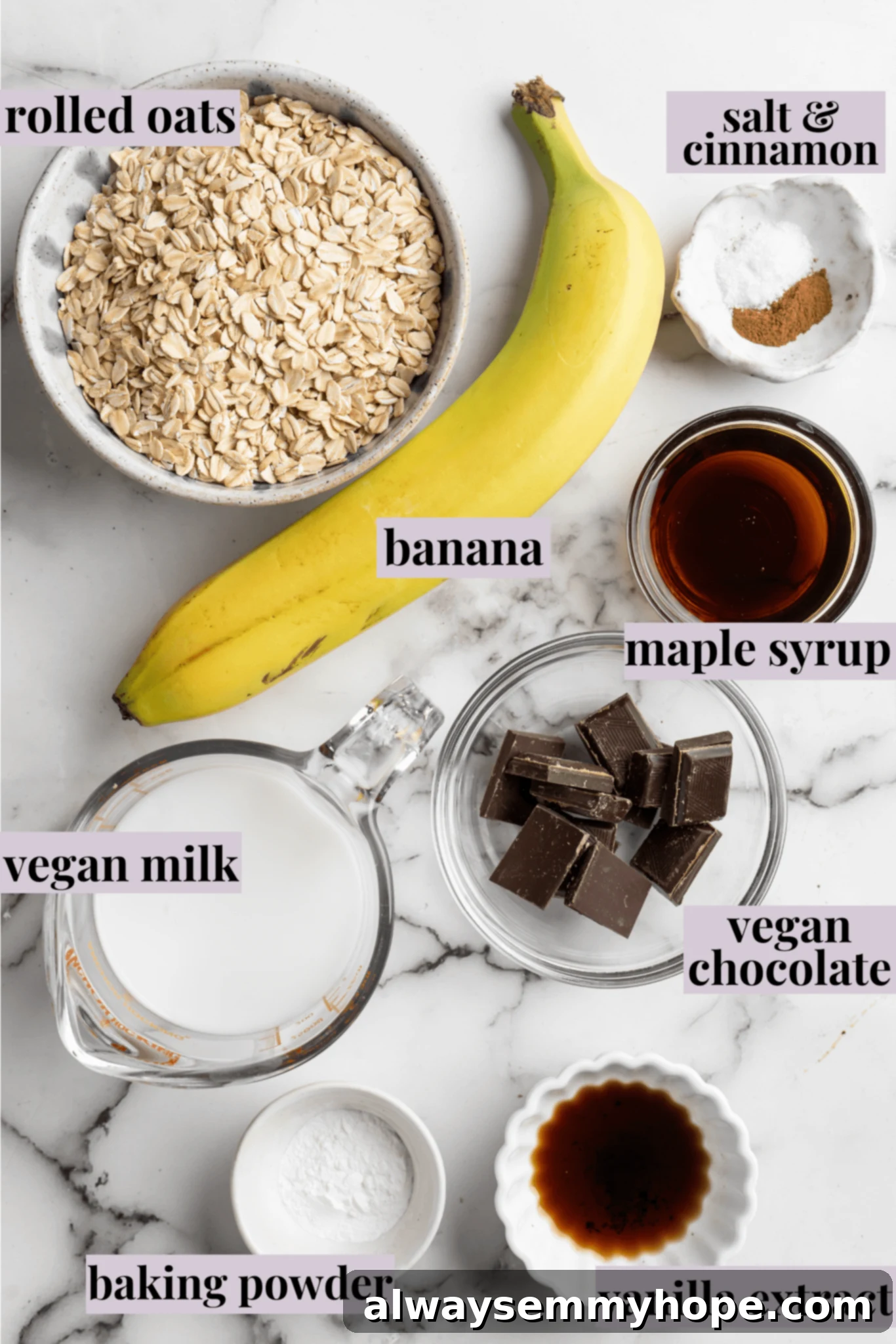 These TikTok vegan baked oats are a filling breakfast, with just a little bit of decadence thanks to the addition of dark chocolate. So easy! Overhead view of ingredients for vegan baked oats