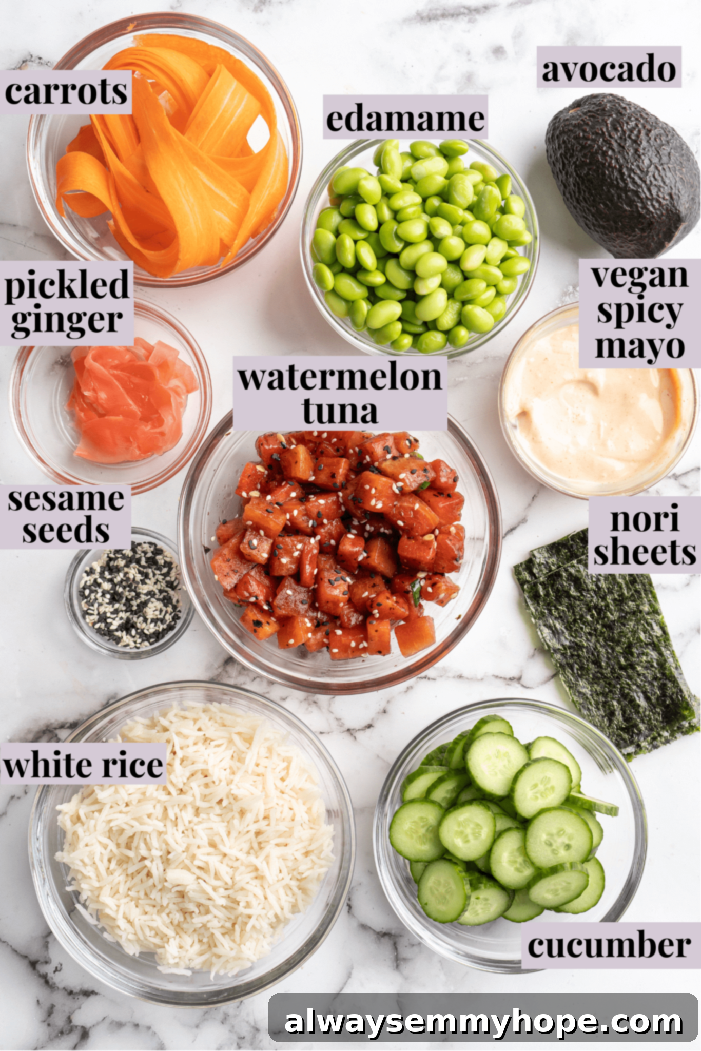 Overhead view of all the vibrant ingredients for vegan poke bowls, neatly arranged with clear labels for each component, showcasing a colorful and organized preparation for a healthy meal.