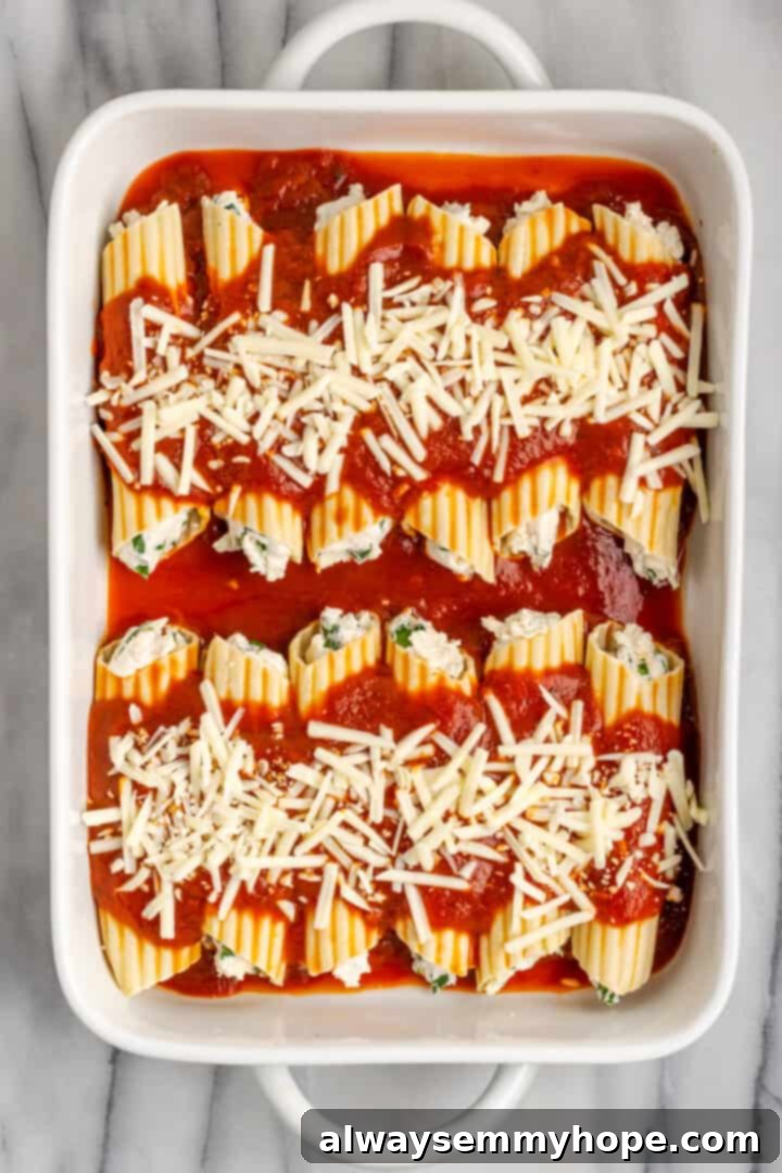 Fully assembled vegan manicotti, covered in sauce and vegan cheese, before baking. The assembled vegan manicotti casserole, generously topped with vegan mozzarella cheese, ready to go into the oven for baking.
