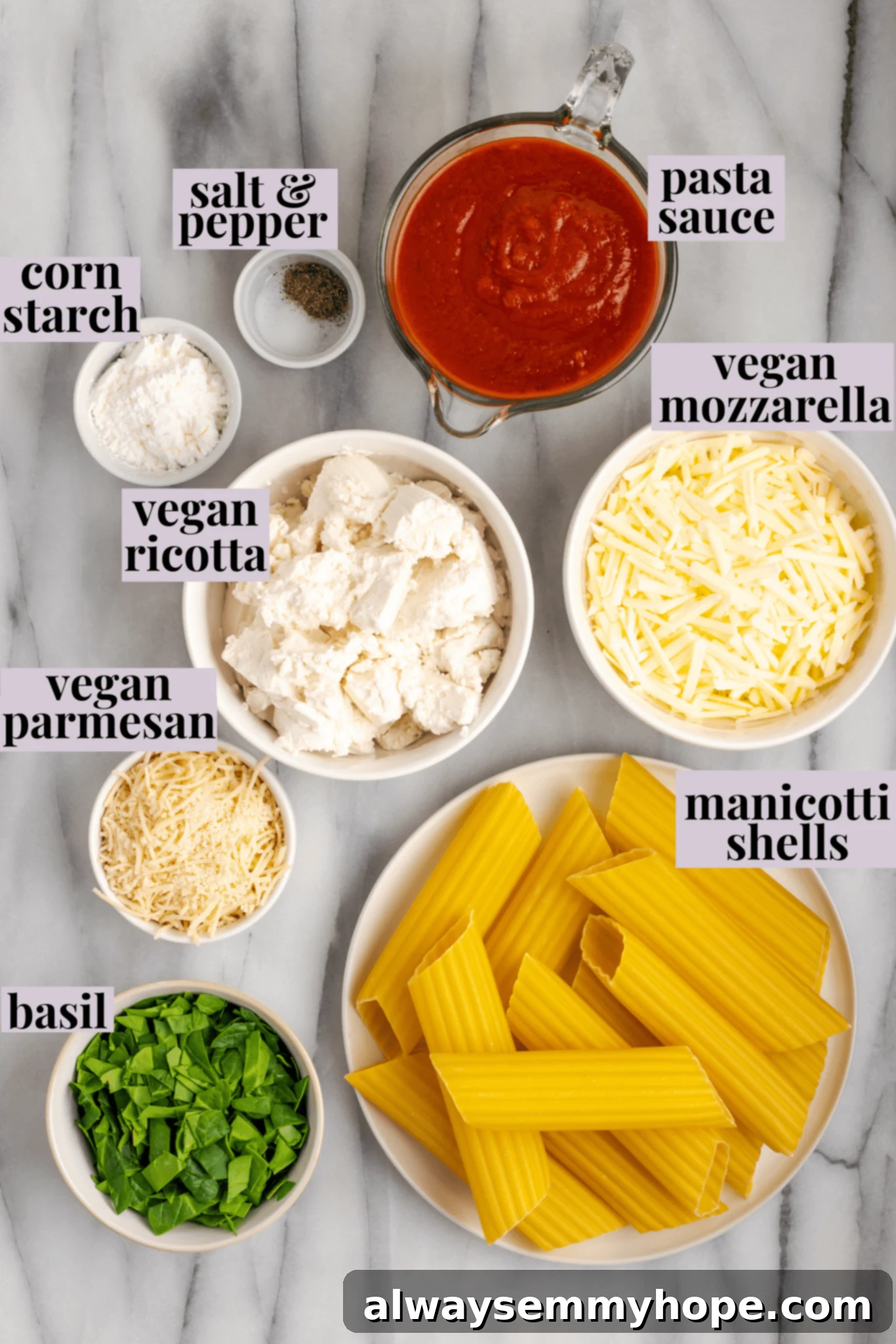 Essential ingredients for a delicious no-boil vegan manicotti with spinach and ricotta, ready for preparation. Overhead shot of fresh ingredients laid out for making vegan manicotti, including manicotti shells, spinach, vegan cheeses, and tomato sauce.