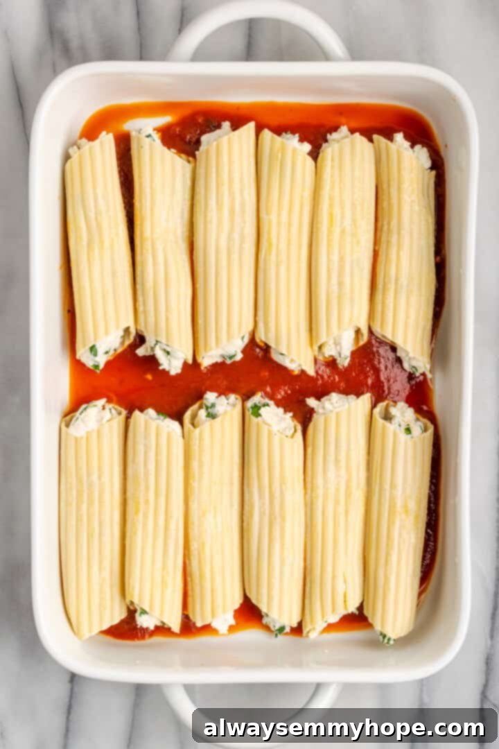 Arranging the stuffed vegan manicotti shells in the baking dish. Rows of perfectly stuffed vegan manicotti tubes arranged neatly in the baking dish over the marinara sauce, before the final layer of sauce and cheese.