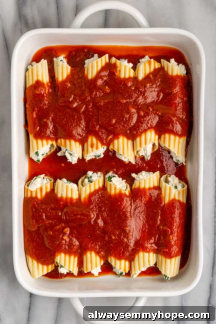 Topping the manicotti with more marinara sauce for baking. Vegan manicotti dish after being topped with the remaining pasta sauce, prior to adding the final layer of vegan mozzarella cheese.
