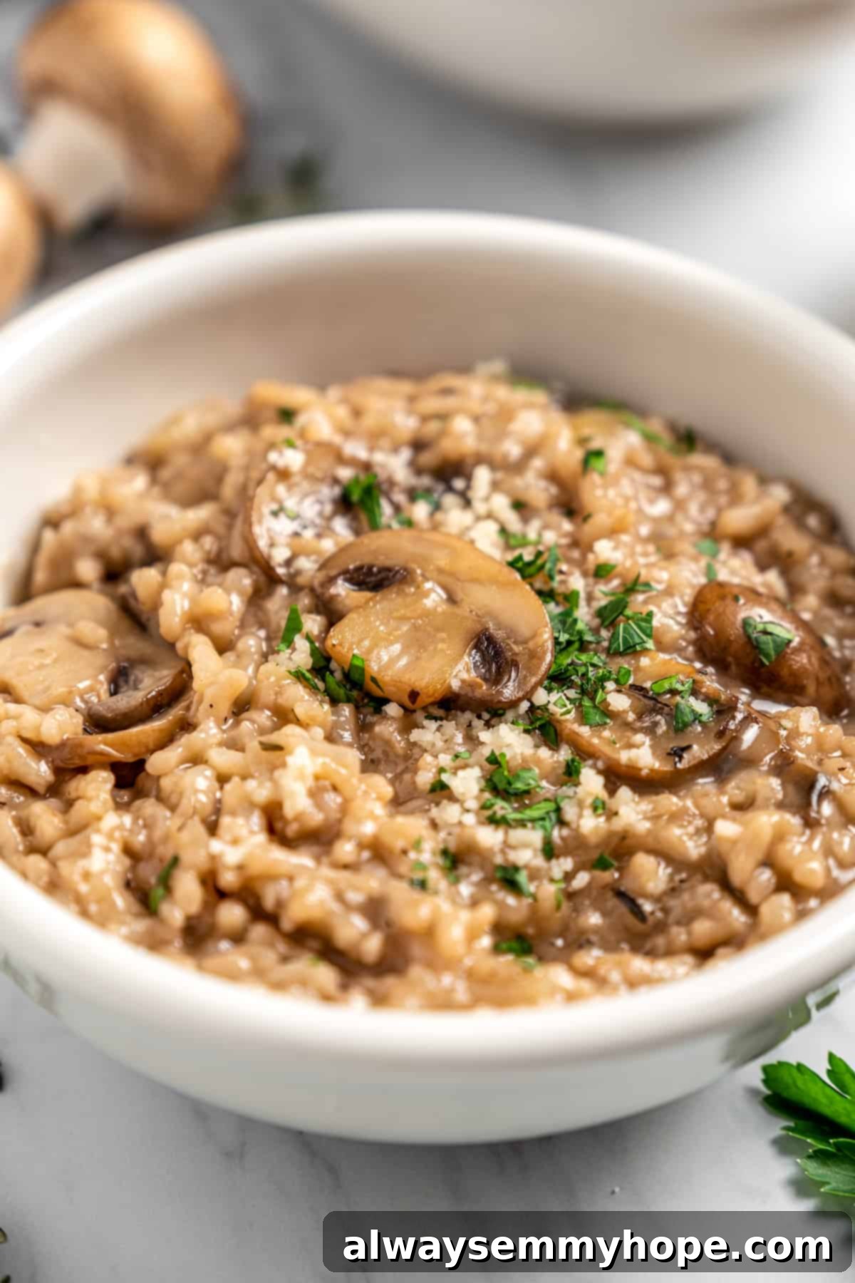 Close-up shot of a bowl of creamy vegan Instant Pot risotto with sautéed mushrooms, showcasing its rich texture and appetizing appearance