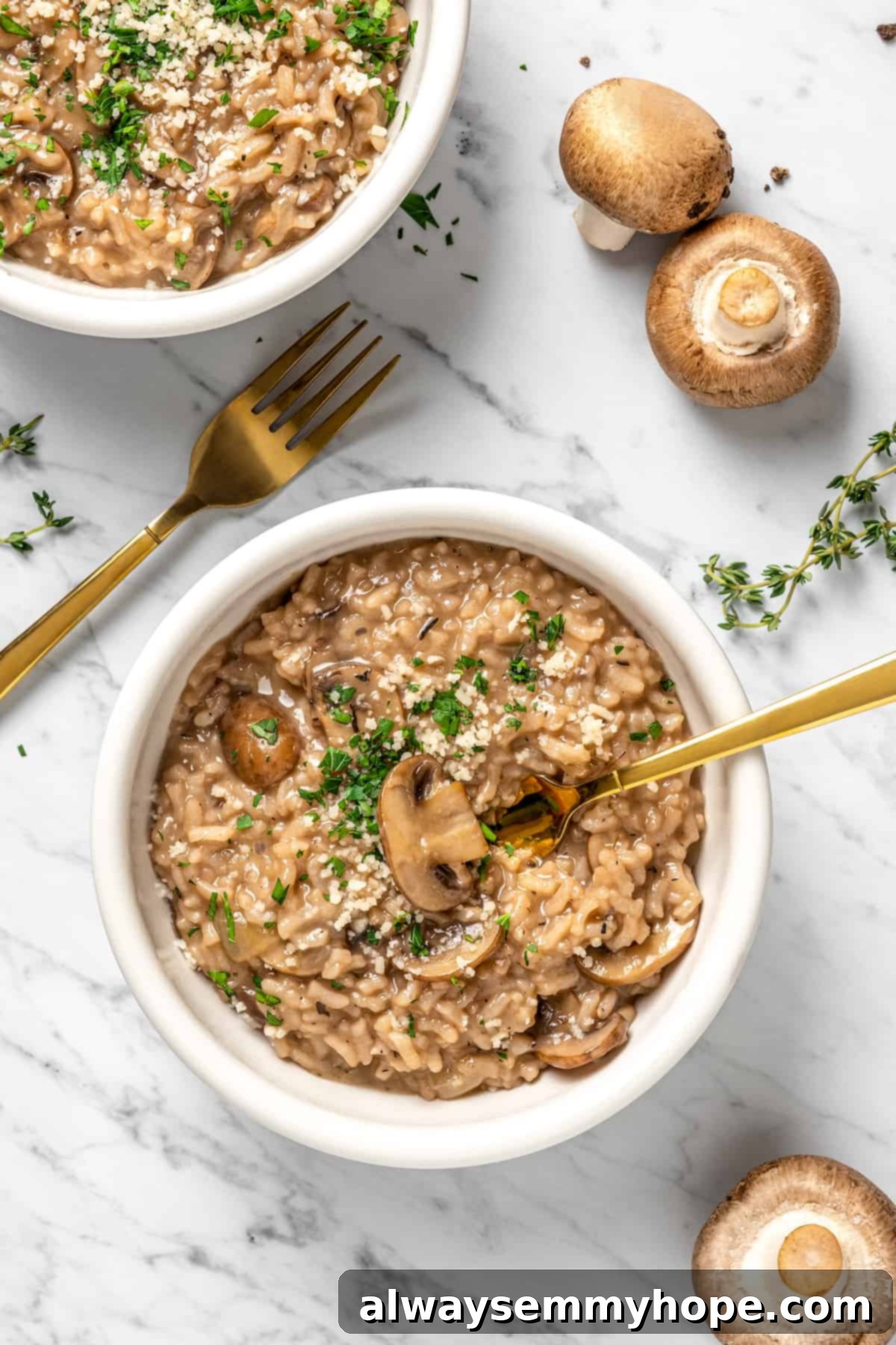Overhead view of two aesthetically arranged bowls of vegan Instant Pot risotto, with a background featuring fresh mushrooms and herbs on a rustic surface