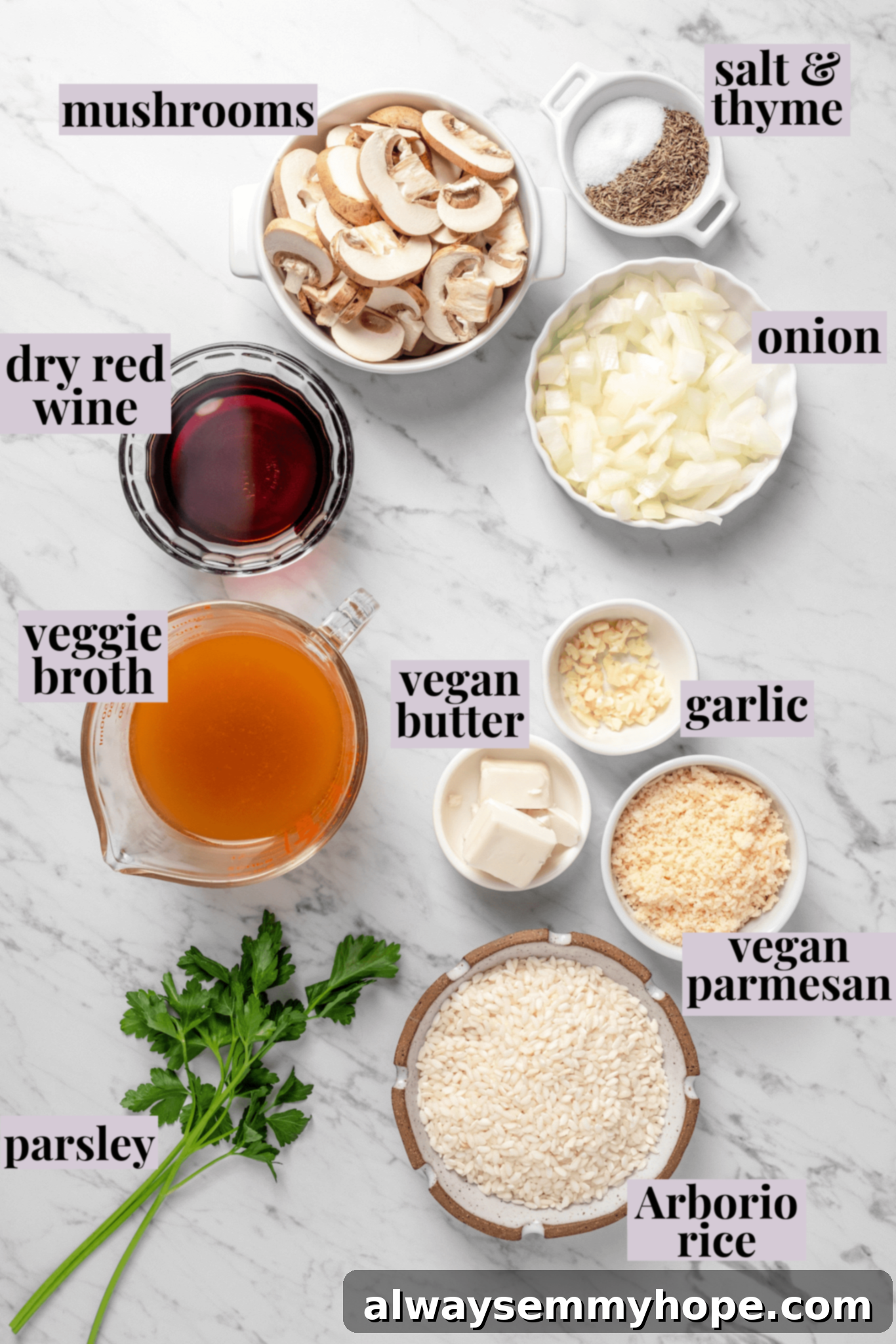 Overhead view of various fresh ingredients for vegan Instant Pot risotto neatly arranged with labels on a wooden cutting board