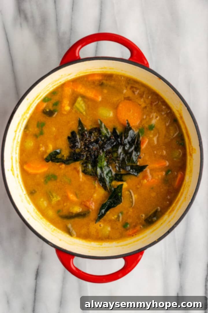 This vegan sambar is just like the sambar at your favourite Indian restaurant! Here's how to make this hearty lentil and veggie stew at home. Overhead view of tempering added to pot of sambar