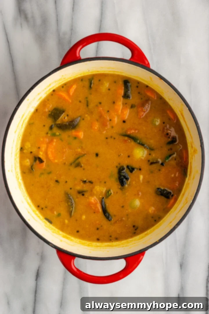 This vegan sambar is just like the sambar at your favourite Indian restaurant! Here's how to make this hearty lentil and veggie stew at home. Overhead view of sambar in red enamel Dutch oven