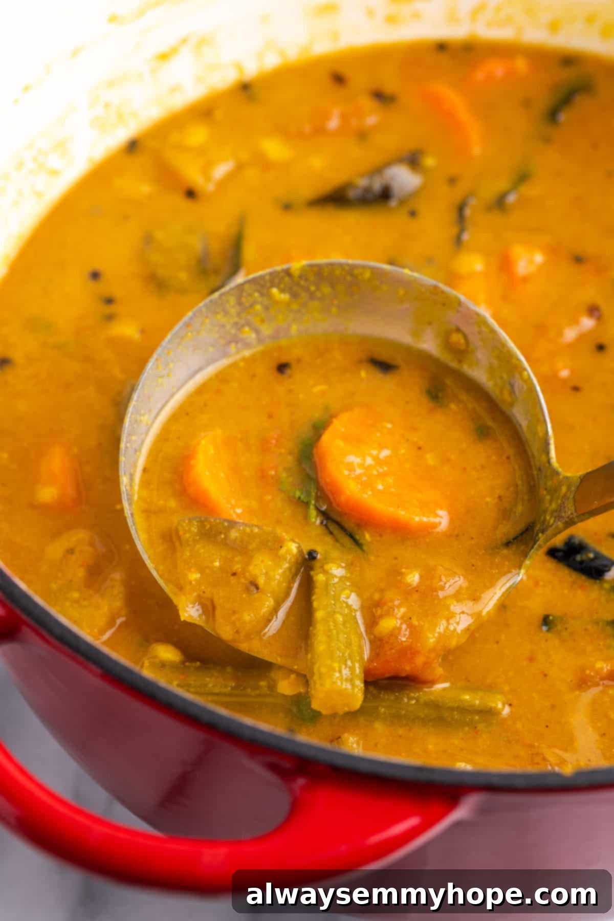 This vegan sambar is just like the sambar at your favourite Indian restaurant! Here's how to make this hearty lentil and veggie stew at home. Ladling sambar from red Dutch oven