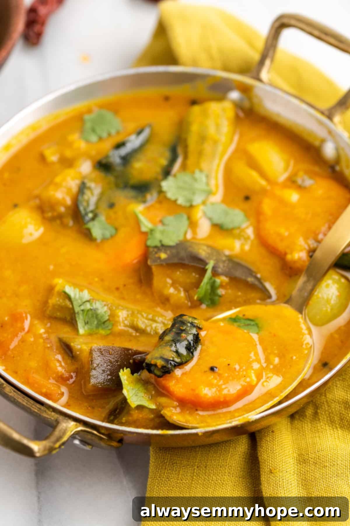 This vegan sambar is just like the sambar at your favourite Indian restaurant! Here's how to make this hearty lentil and veggie stew at home. Spoonful of vegan sambar set in serving bowl