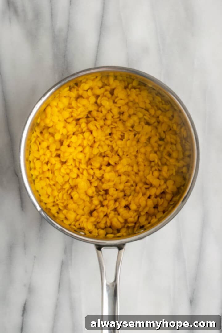 This vegan sambar is just like the sambar at your favourite Indian restaurant! Here's how to make this hearty lentil and veggie stew at home. Overhead view of cooked lentils in saucepan