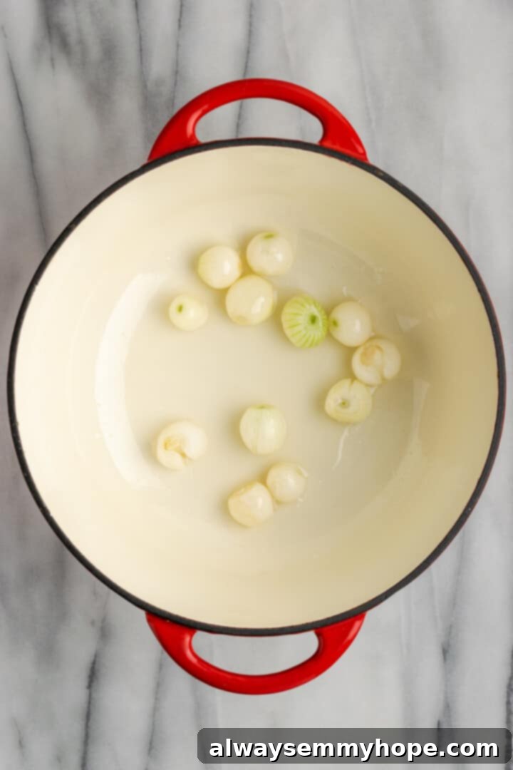 This vegan sambar is just like the sambar at your favourite Indian restaurant! Here's how to make this hearty lentil and veggie stew at home. Overhead view of pearl onions in Dutch oven