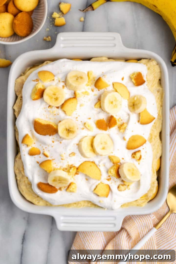 Overhead view of vegan banana pudding in baking dish with a full whipped topping layer