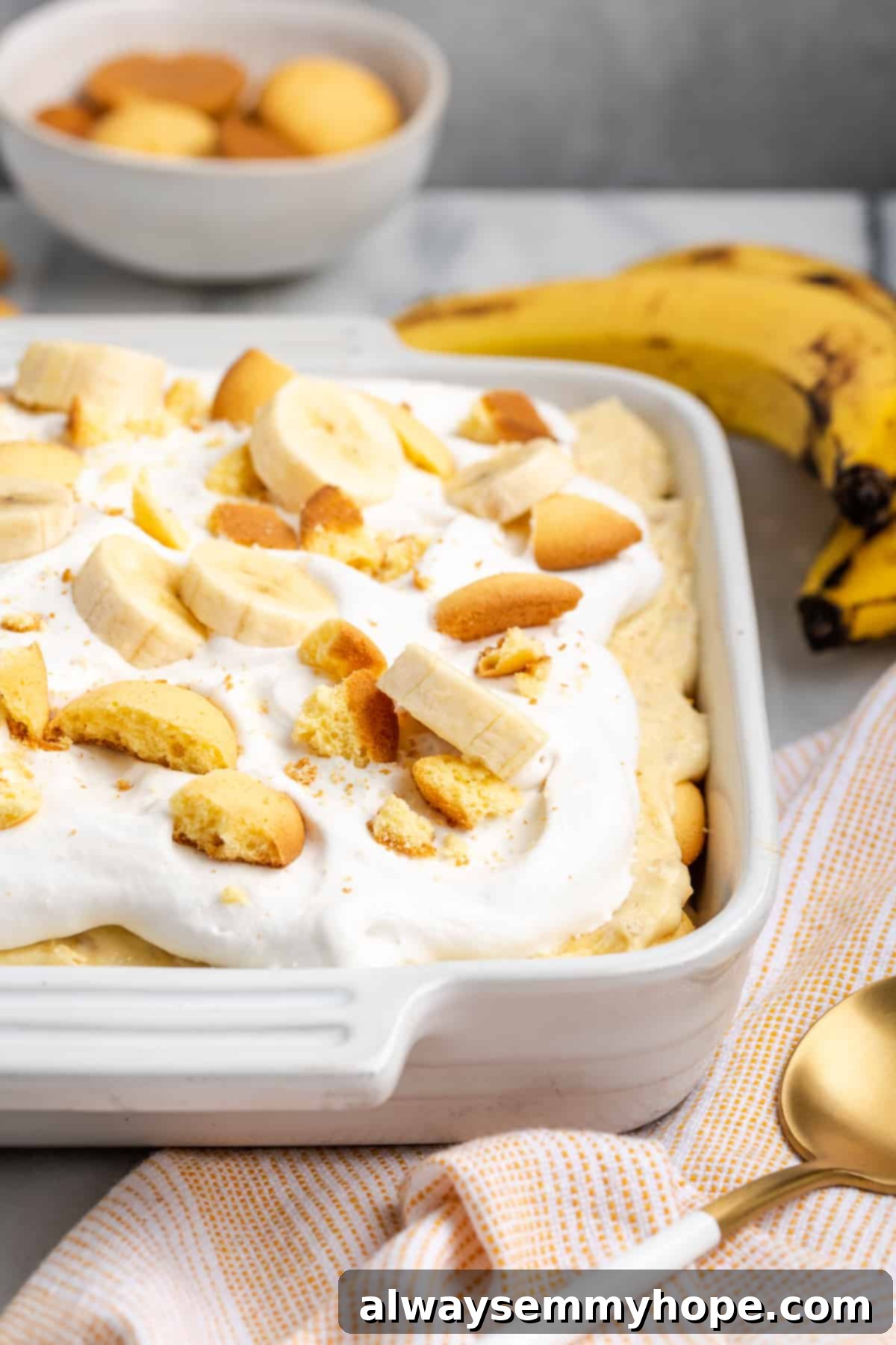 Vegan banana pudding in a baking dish, with extra bananas and a bowl of vanilla wafers in the background