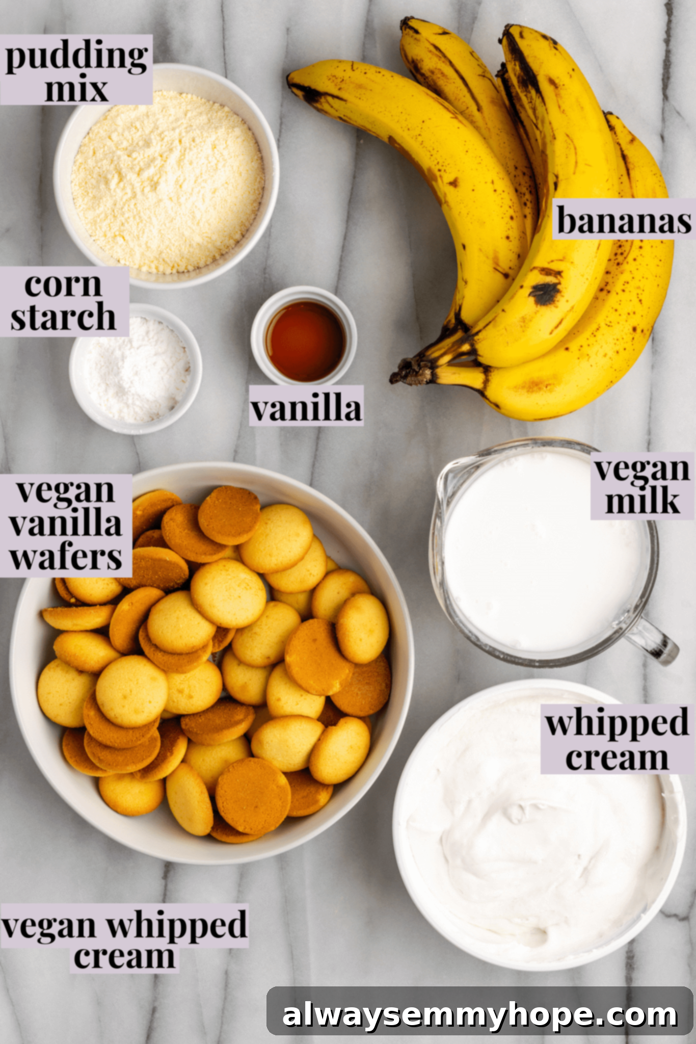 Overhead view of all 7 simple ingredients laid out for making vegan banana pudding, including pudding mix, cornstarch, non-dairy milk, vanilla extract, vegan vanilla wafers, bananas, and vegan whipped cream