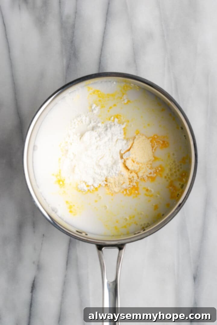 Ingredients for vanilla pudding in saucepan before mixing