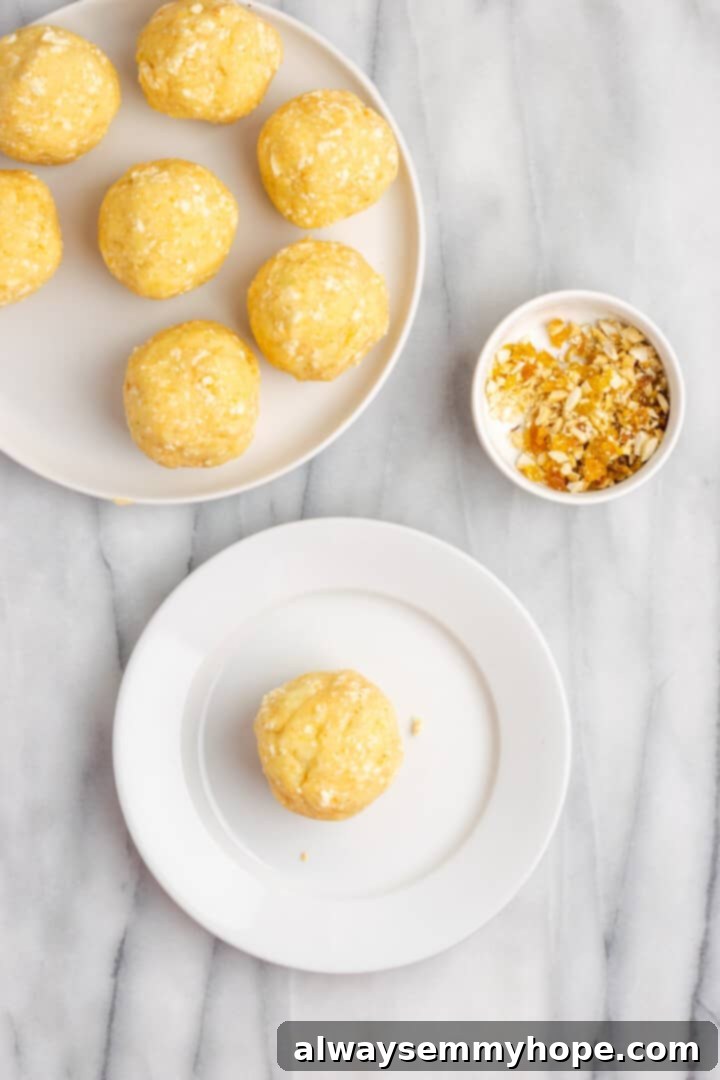 Overhead view of malai kofta dumplings on plates with filling mixture in small bowl
