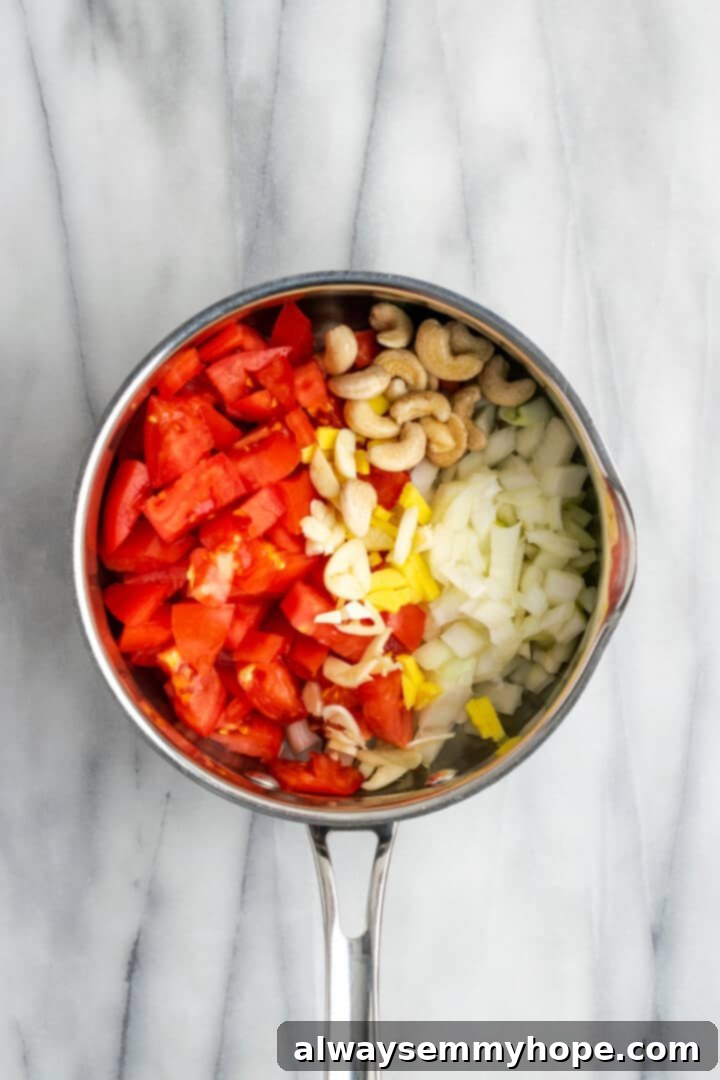 Overhead view of tomatoes, onions, ginger, garlic, and cashews in saucepan