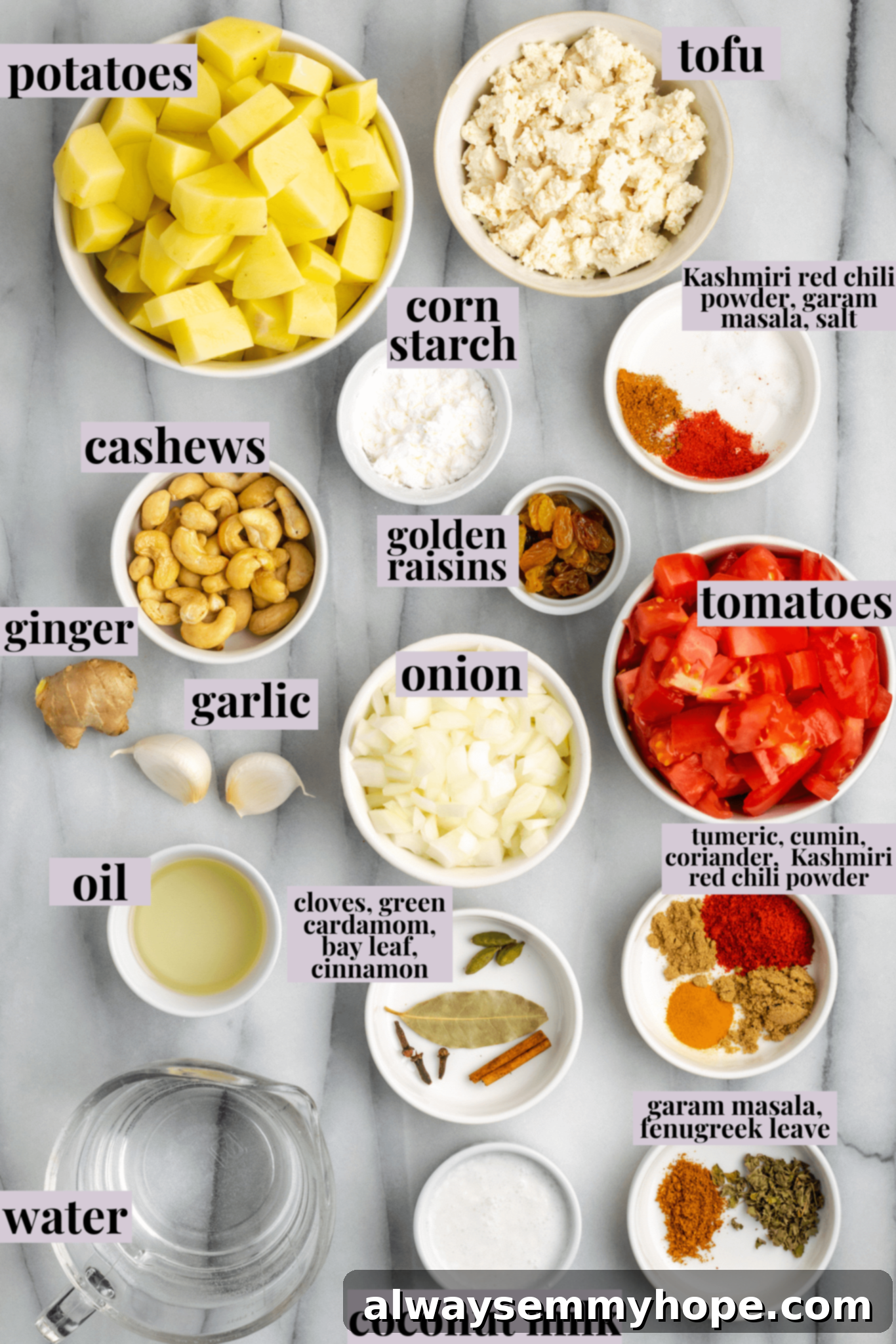 Overhead view of ingredients for vegan malai kofta with labels