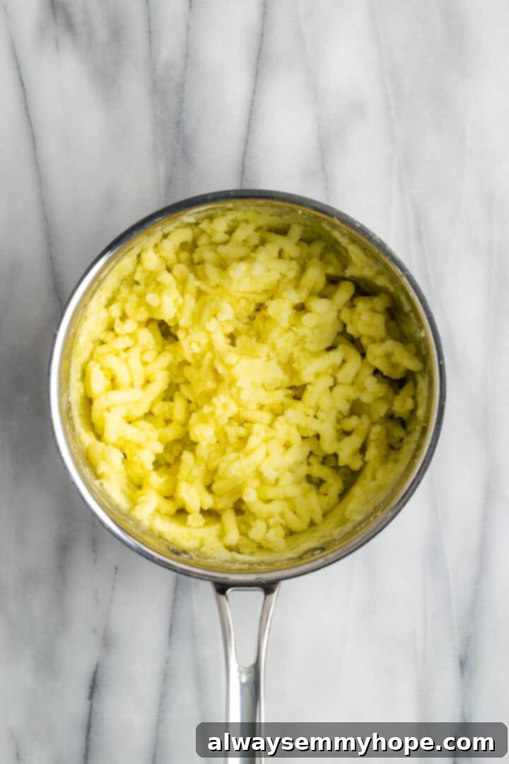 Overhead view of mashed potatoes in saucepan