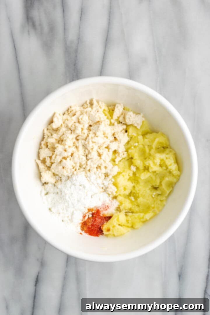 Overhead view of ingredients for dumplings in mixing bowl