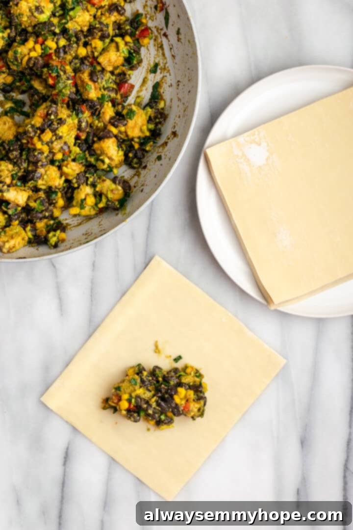 These crispy vegan southwest egg rolls are full of bold flavors and satisfying ingredients like vegan chicken, black beans, and veggies. Yum! Filling for southwest egg roll in center of egg roll wrapper