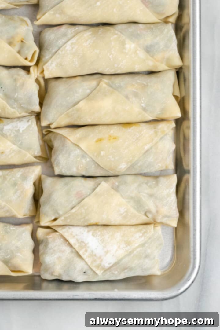 Overhead view of egg rolls on sheet pan before frying