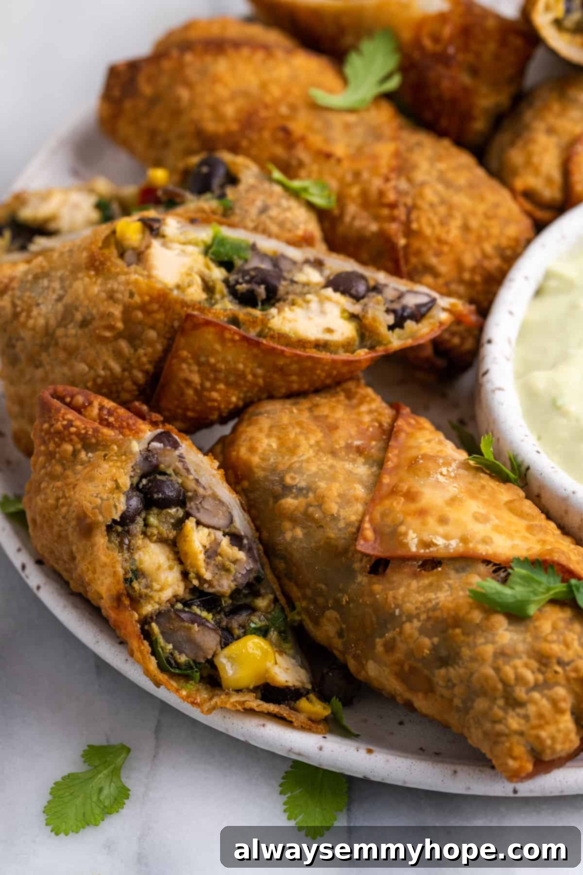 Vegan southwest egg rolls on serving platter with one cut open to show filling